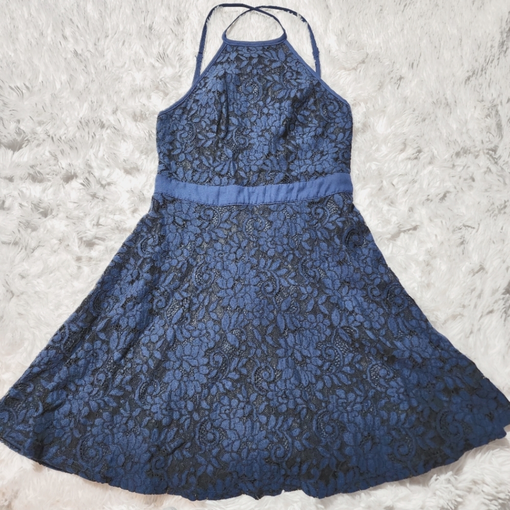 Lulus Blue and Black Floral Lace Backless Skater Dress